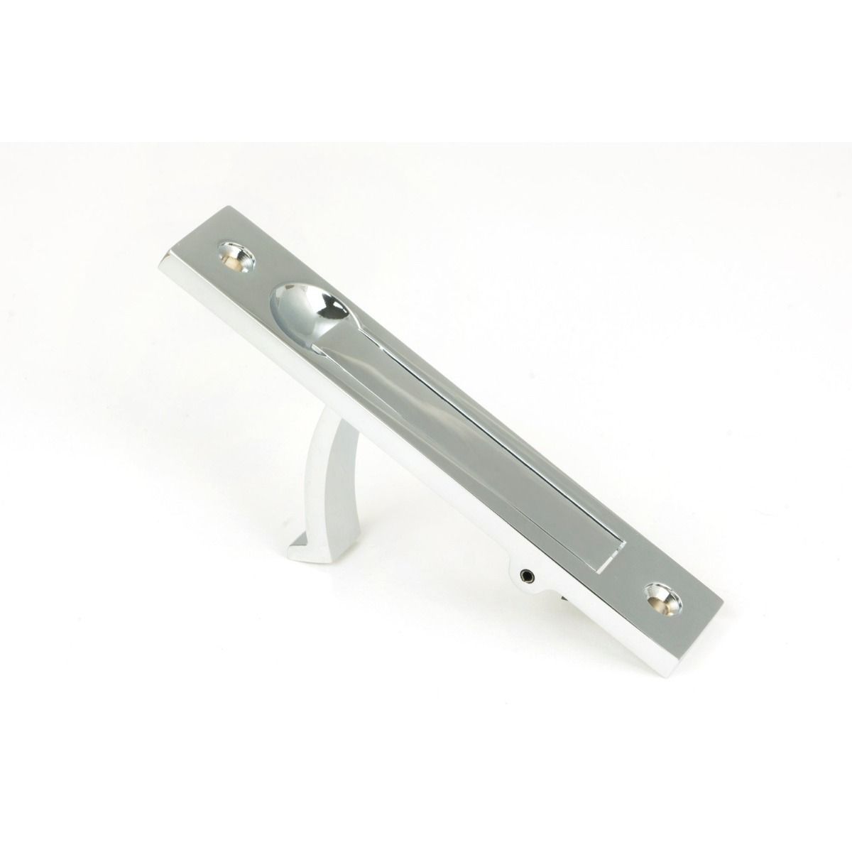 The Retractable Sliding Pocket Door Edge Pull in Polished Chrome Shown Stood upright
