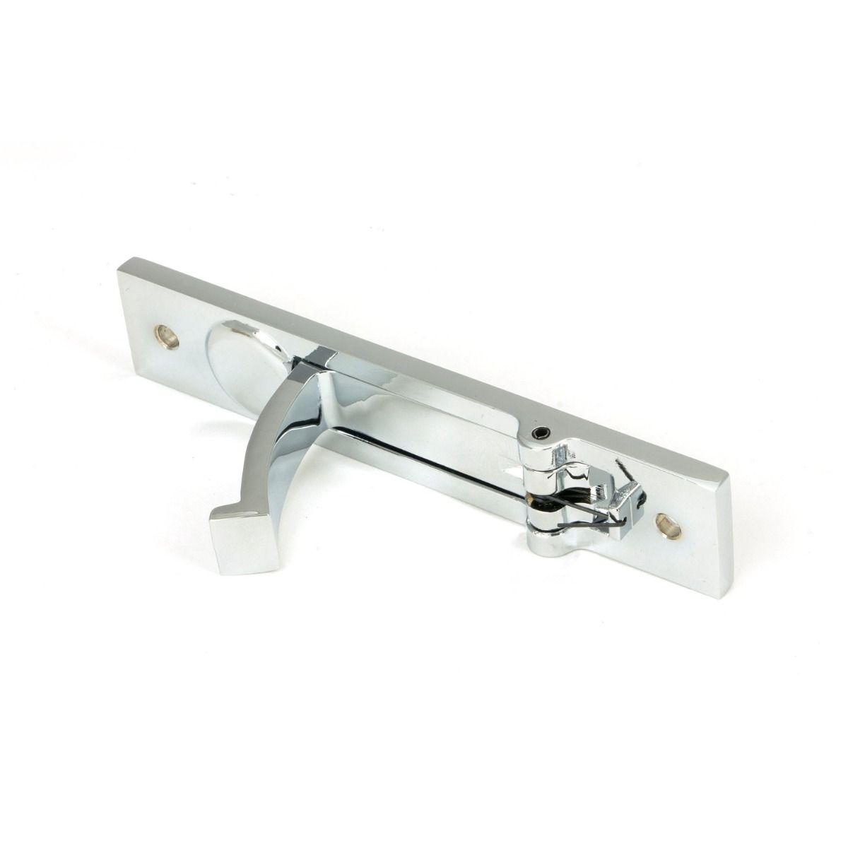 The Retractable Sliding Pocket Door Edge Pull in Polished Chrome Shown with Handle Pulled Outwards
