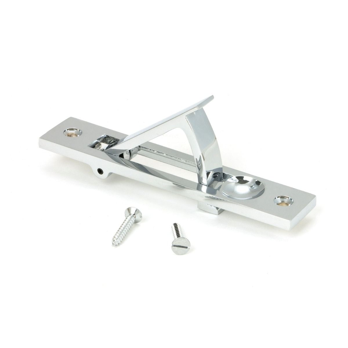 The Retractable Sliding Pocket Door Edge Pull in Polished Chrome Shown with Supplied Screws on a White Background