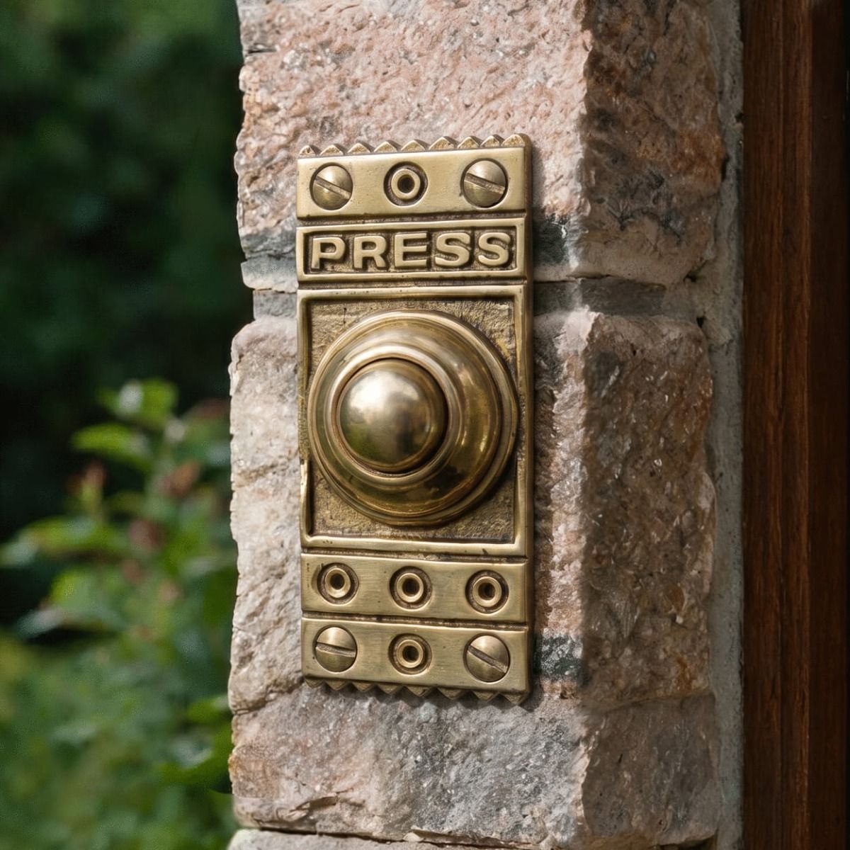 The Retro "Push" Polished Brass Door Bell Push on a Stone Brick Wall next to a Wooden Front Door - Digital Illustration