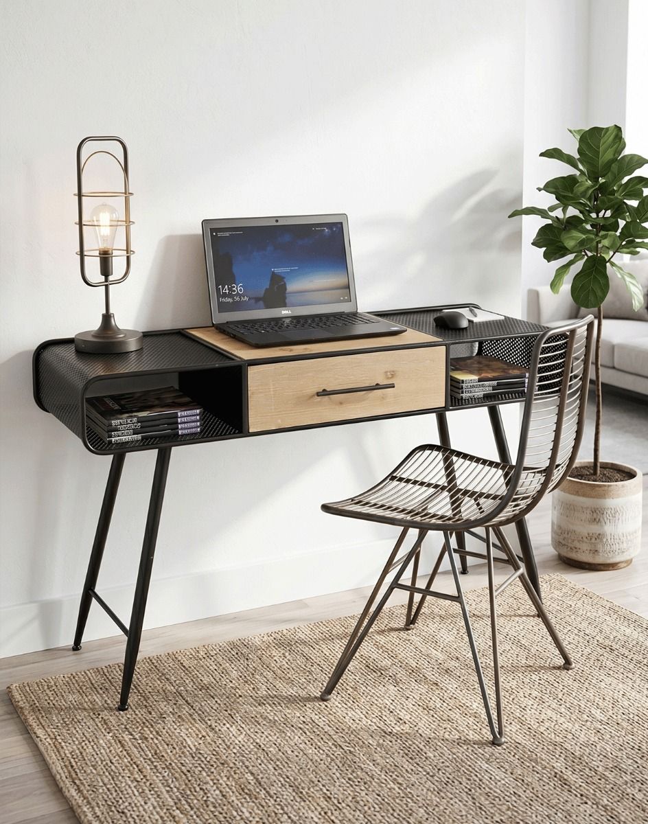 The Retro Style Metal & Fir Wood Desk Used as Work From Home Office Desk in a Modern Home - Digital Illustration