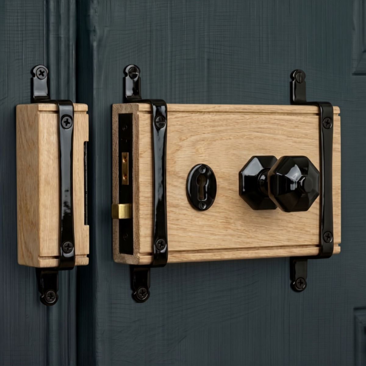 The Reversible "Northern Red" Oak & Iron 5 Lever Rim Lock and Knob Set on a Wooden Blue Entrance Door - Digital Illustration