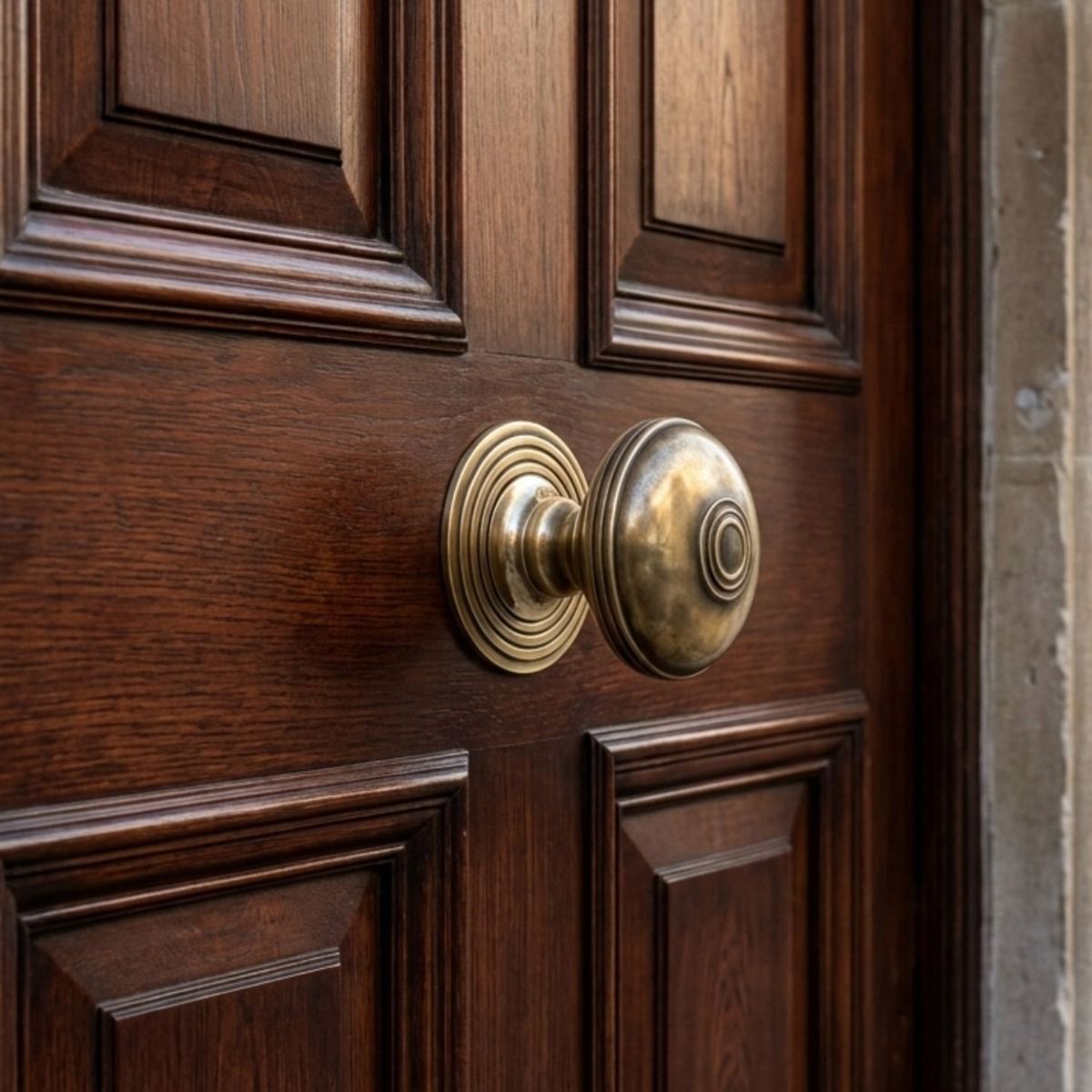 The Ribbed Antique Brass Centre Door Knob Set on a Grand Front Door Entrance - Digital Illustration 