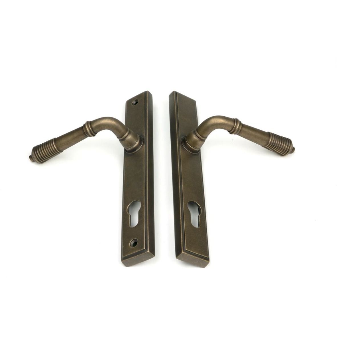 The Ribbed Slimline Exterior Door Handle in a Burnished Brass Finish Showing the Front and Back Together