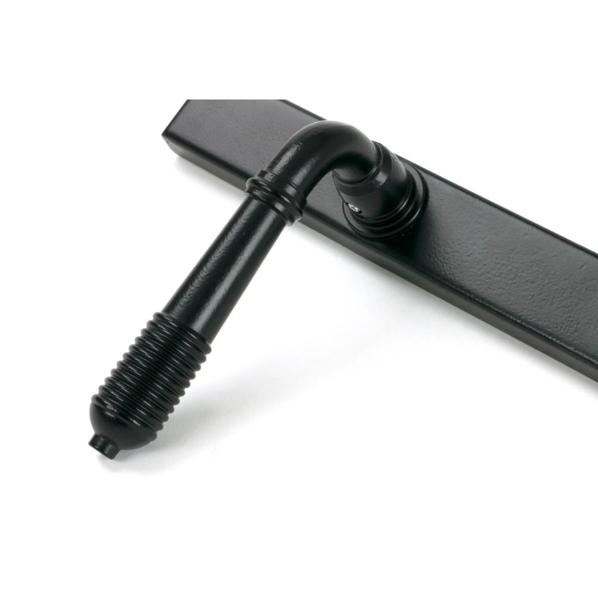 The Ribbed Slimline Exterior Door Handle in a Matt Black Finish Showing a Close up of the Handle