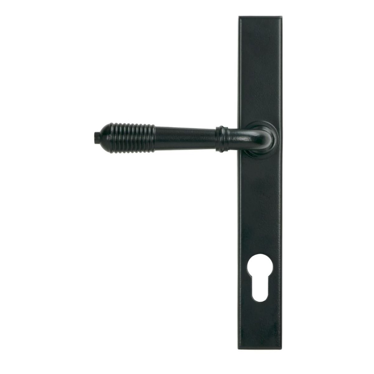 The Ribbed Slimline Exterior Door Handle in a Matt Black Finish Showing the Back