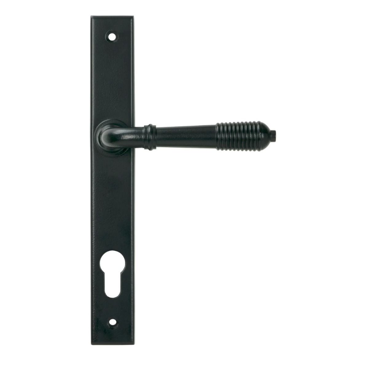 The Ribbed Slimline Exterior Door Handle in a Matt Black Finish Showing the Front
