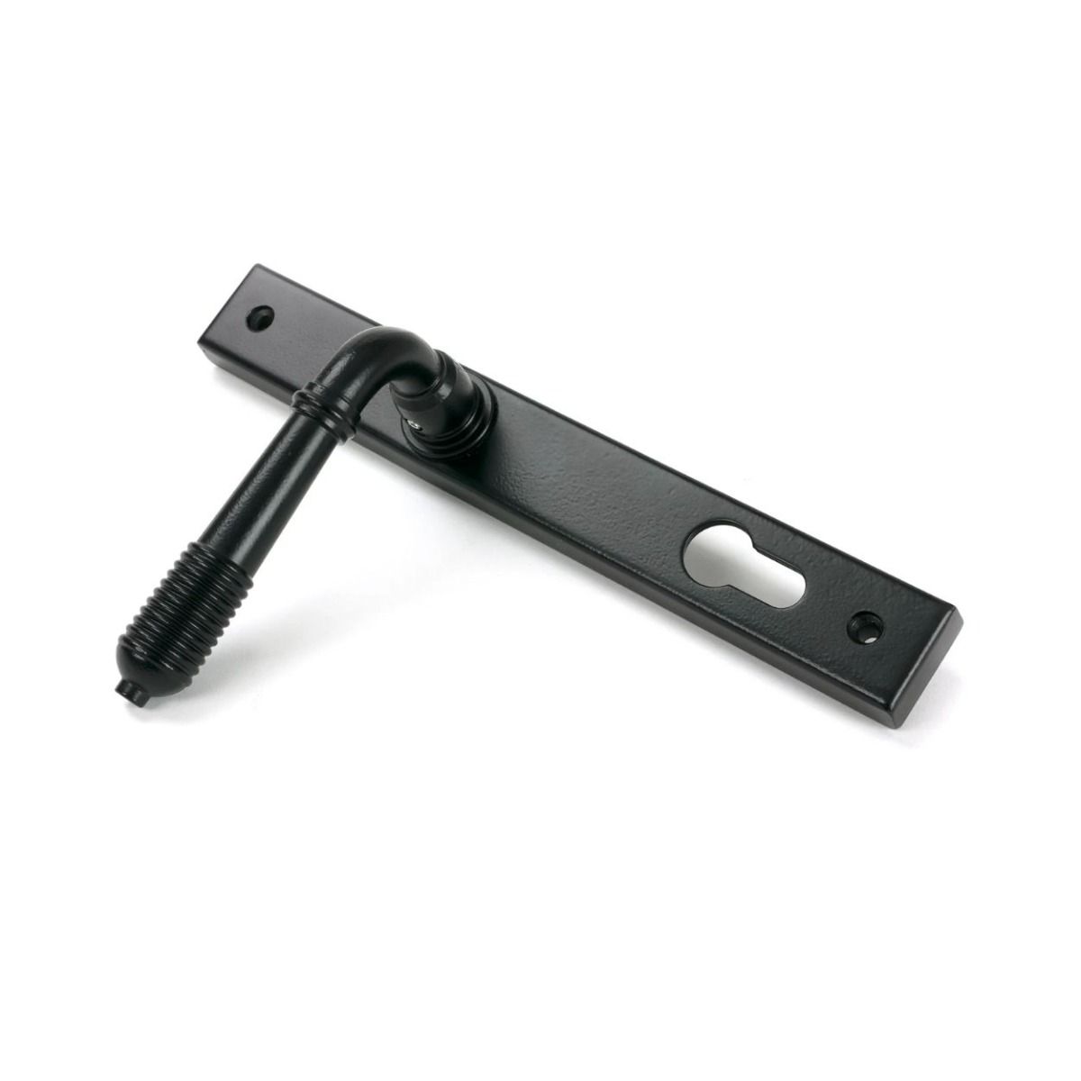 The Ribbed Slimline Exterior Door Handle in a Matt Black Finish Shown at Angle