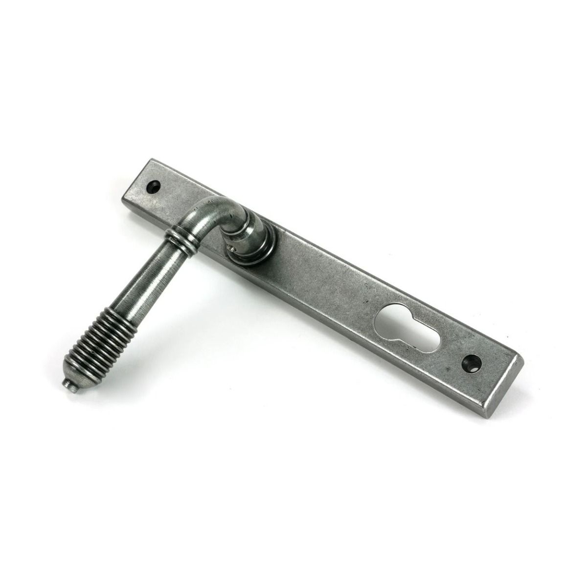 The Ribbed Slimline Exterior Door Handle in a Pewter Patina Finish on a white Background Shown at an Angle