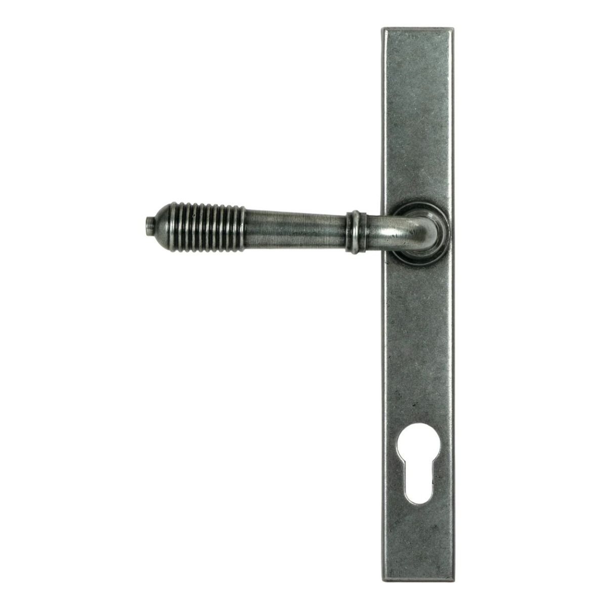 The Ribbed Slimline Exterior Door Handle in a Pewter Patina Finish on a white Background Shown from the Back