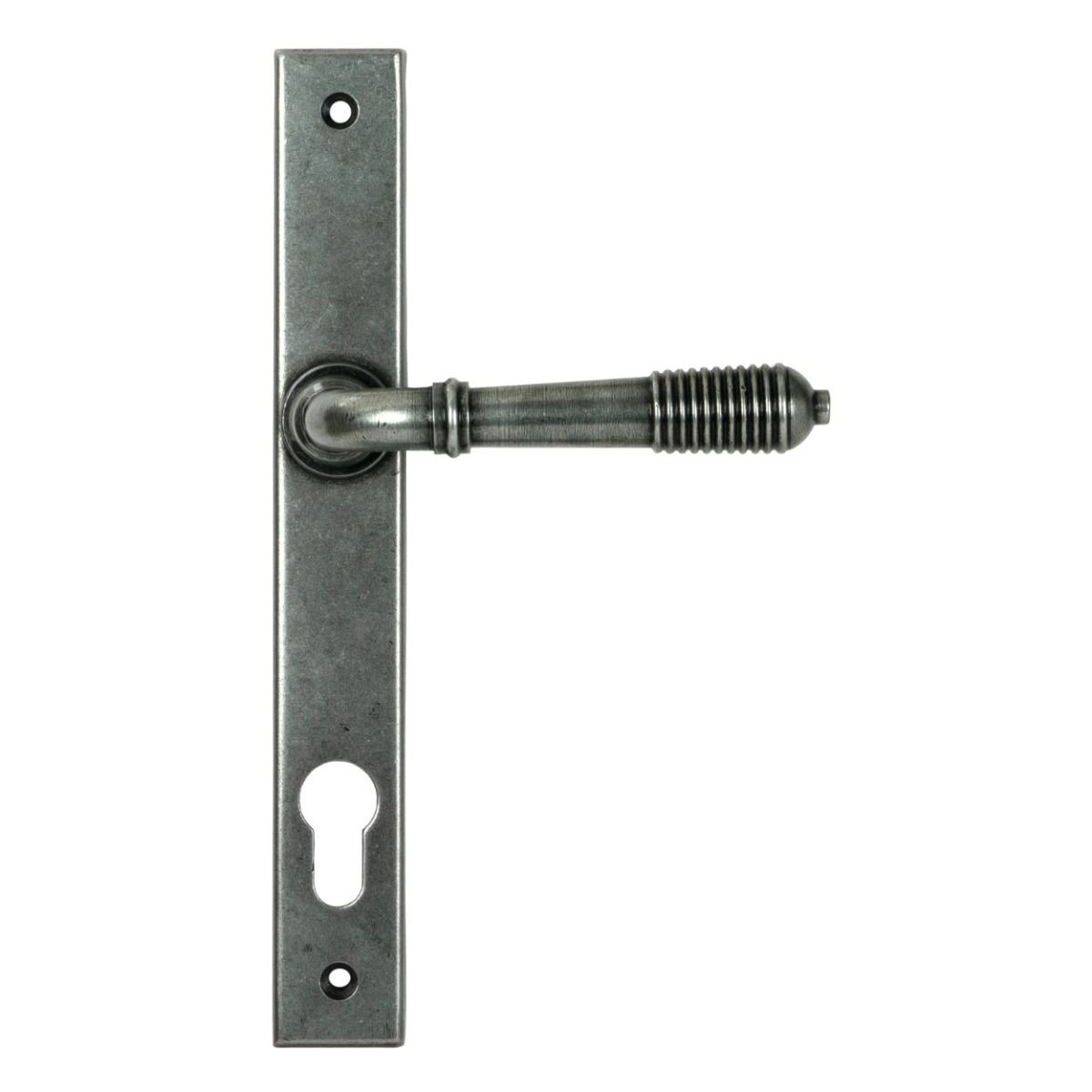 The Ribbed Slimline Exterior Door Handle in a Pewter Patina Finish on a white Background Shown from the Front