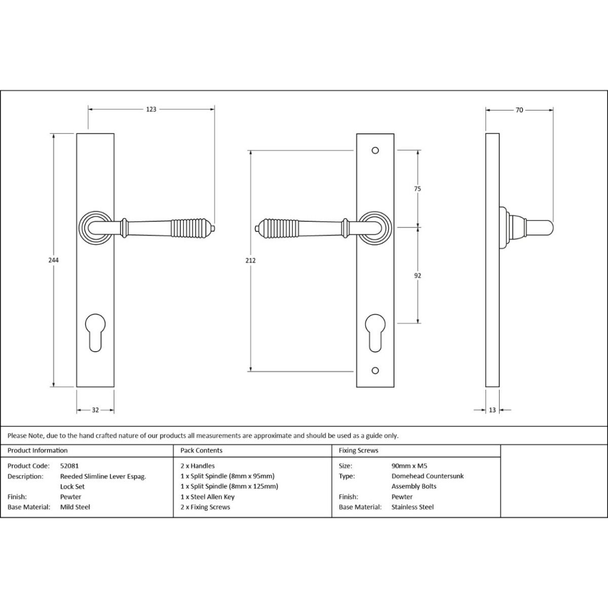 The Ribbed Slimline Exterior Door Handle in a Pewter Patina Finish Technical Drawing and Dimensions