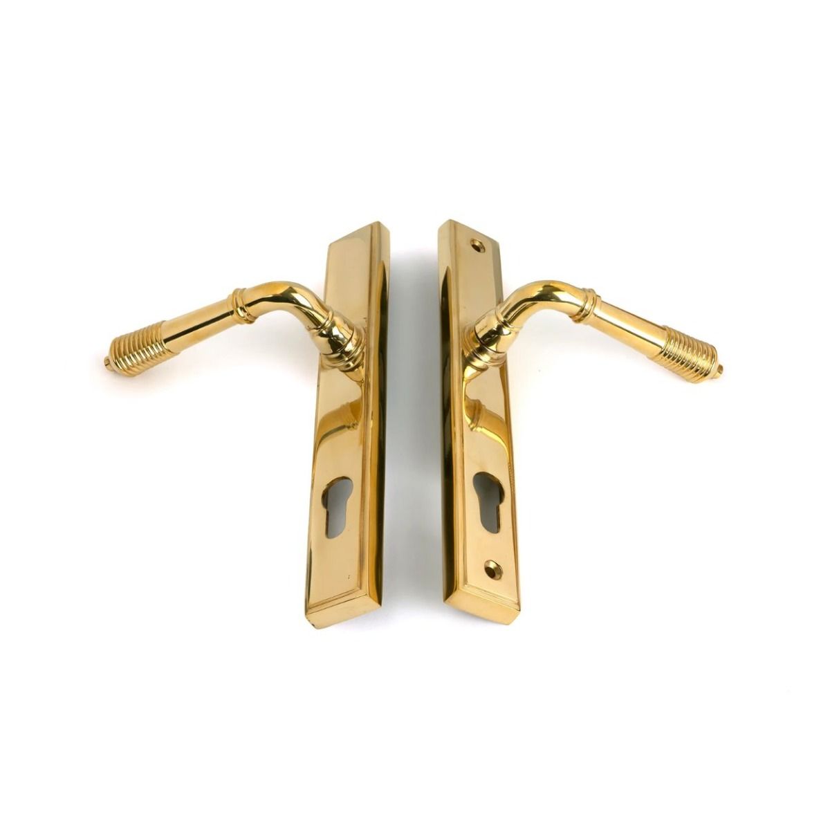 The Ribbed Slimline Exterior Door Handle in a Polished Brass Finish Showing the Front and Back