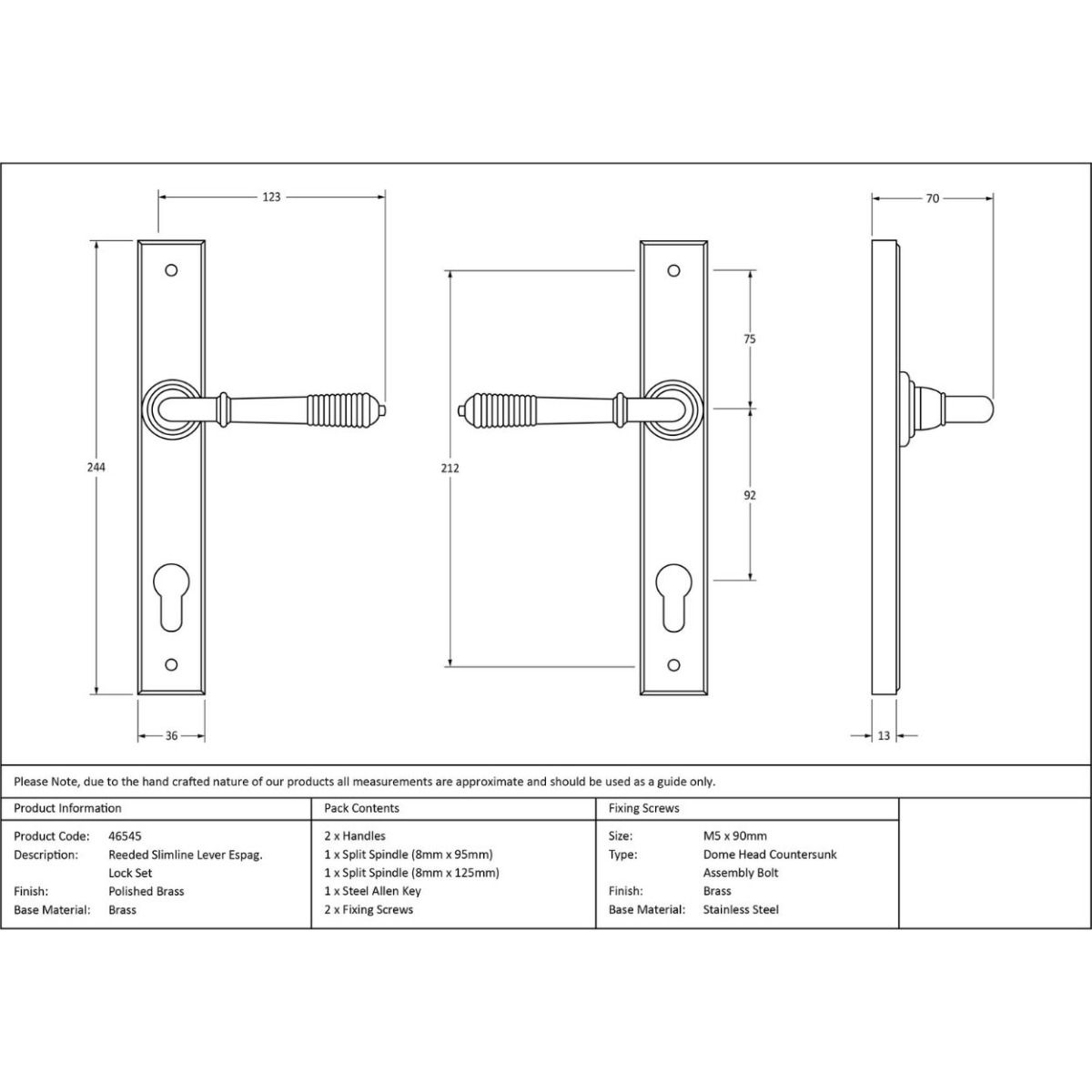 The Ribbed Slimline Exterior Door Handle in a Polished Brass Finish Technical Drawings and Dimensions
