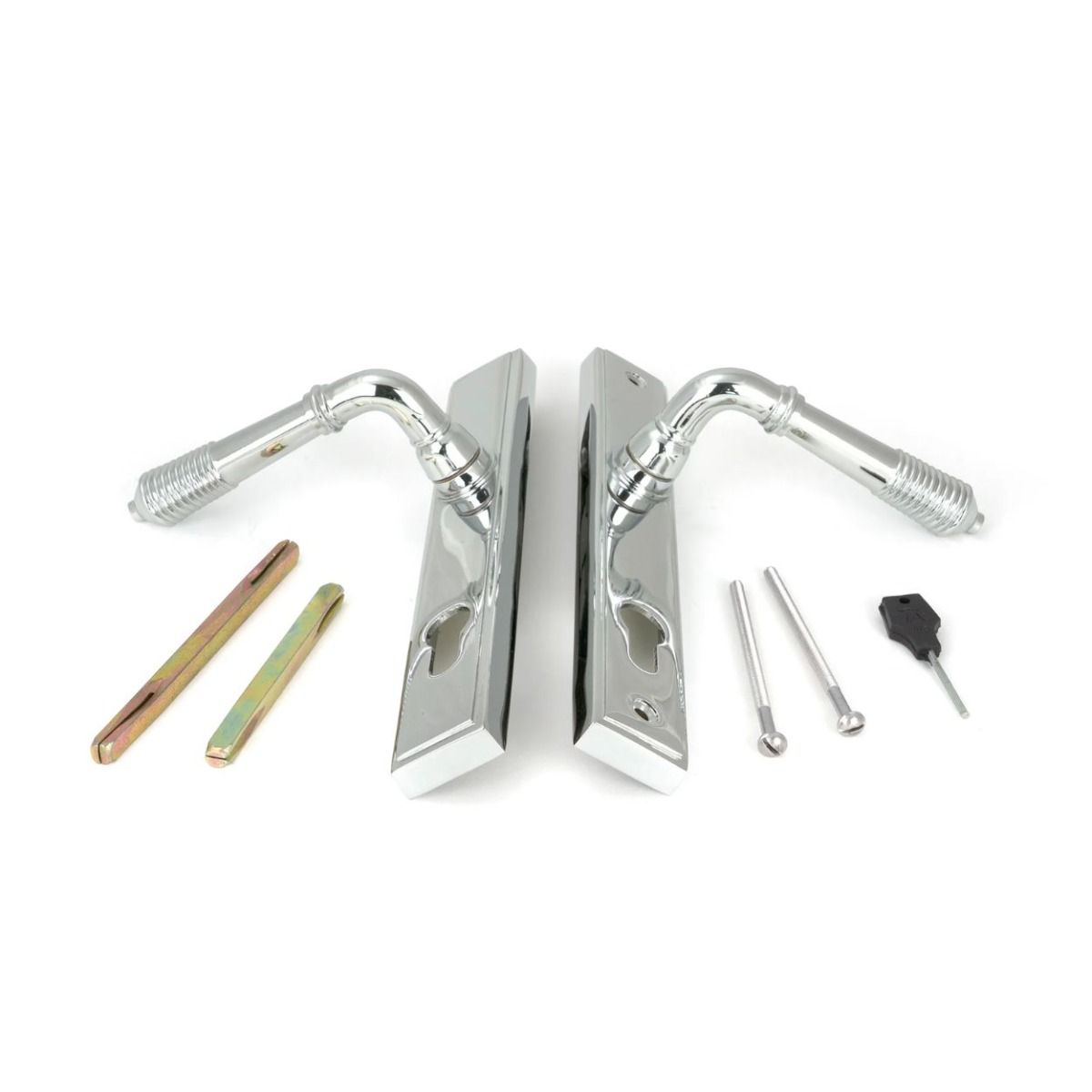 The Ribbed Slimline Exterior Door Handle in a Polished Chrome Finish Showing the Front and Back along with Screws