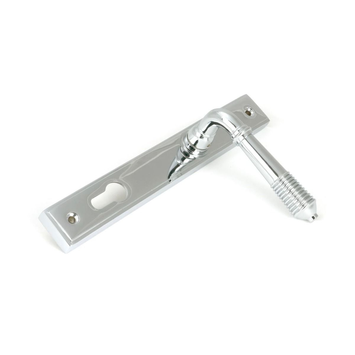 The Ribbed Slimline Exterior Door Handle in a Polished Chrome Finish Shown from an Angle