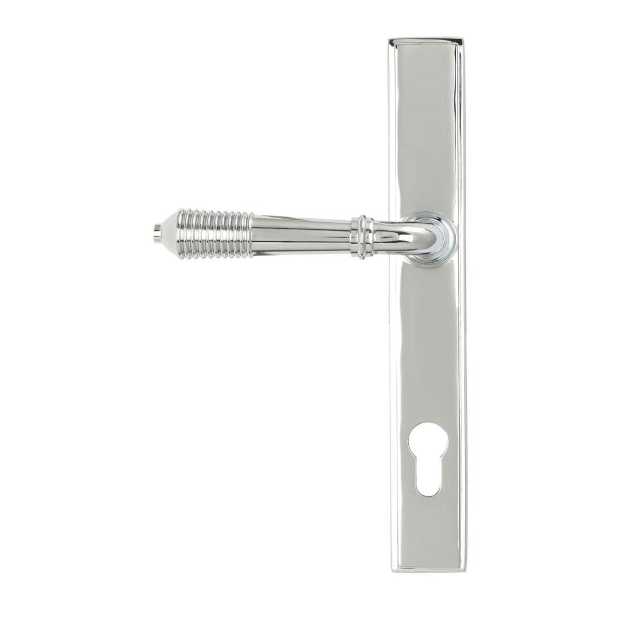 The Ribbed Slimline Exterior Door Handle in a Polished Chrome Finish Shown from the Back