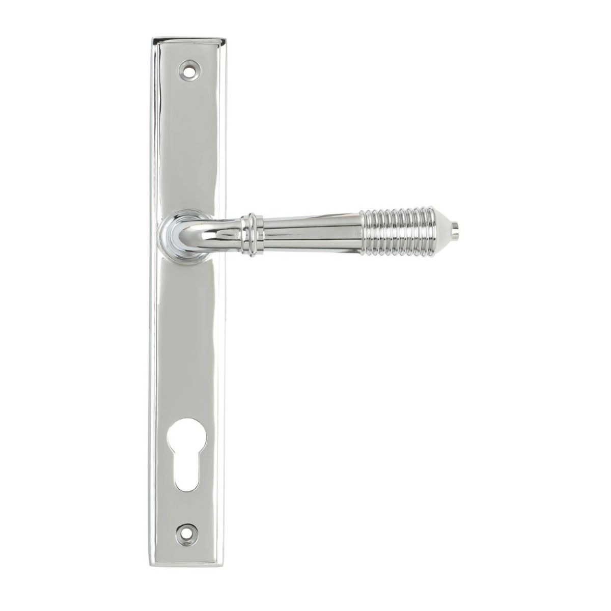 The Ribbed Slimline Exterior Door Handle in a Polished Chrome Finish Shown from the Front