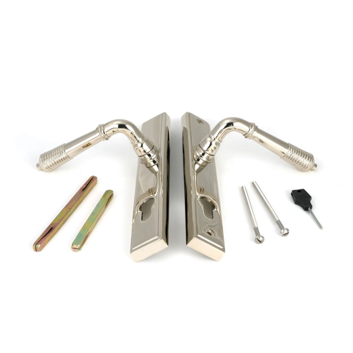 The Ribbed Slimline Exterior Door Handle in a Polished Nickel Finish Showing the Front and Back with the Screws