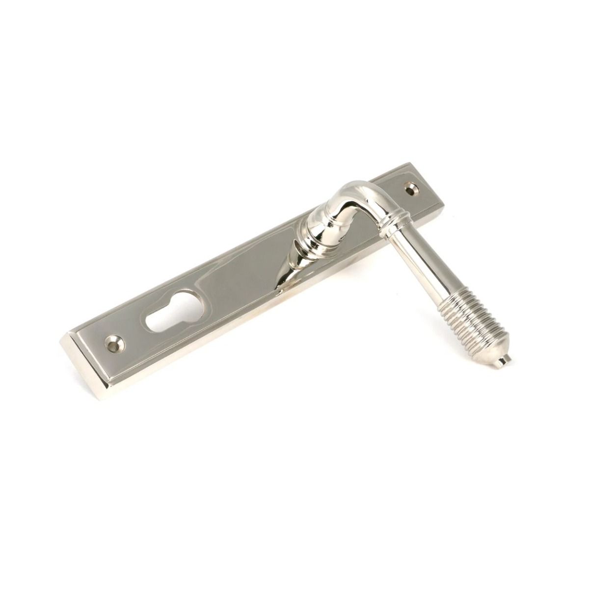 The Ribbed Slimline Exterior Door Handle in a Polished Nickel Finish Shown from an Angle