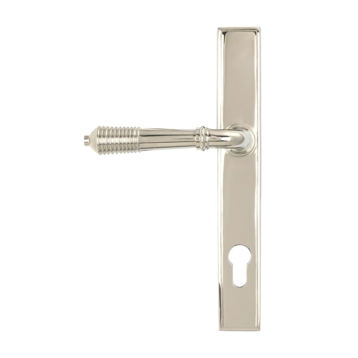 The Ribbed Slimline Exterior Door Handle in a Polished Nickel Finish Shown from the Back