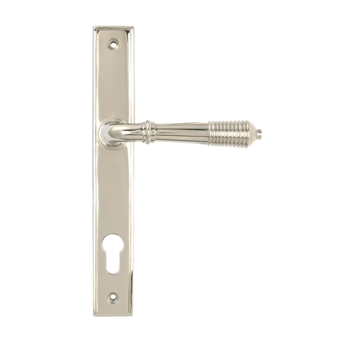 The Ribbed Slimline Exterior Door Handle in a Polished Nickel Finish Shown from the Front