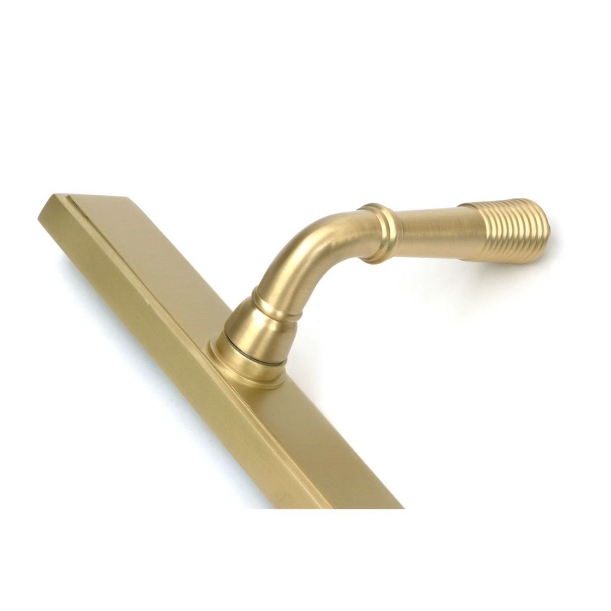 The Ribbed Slimline Exterior Door Handle in a Satin Brass Finish on a White Background Showing a Close up View of the Handle 
