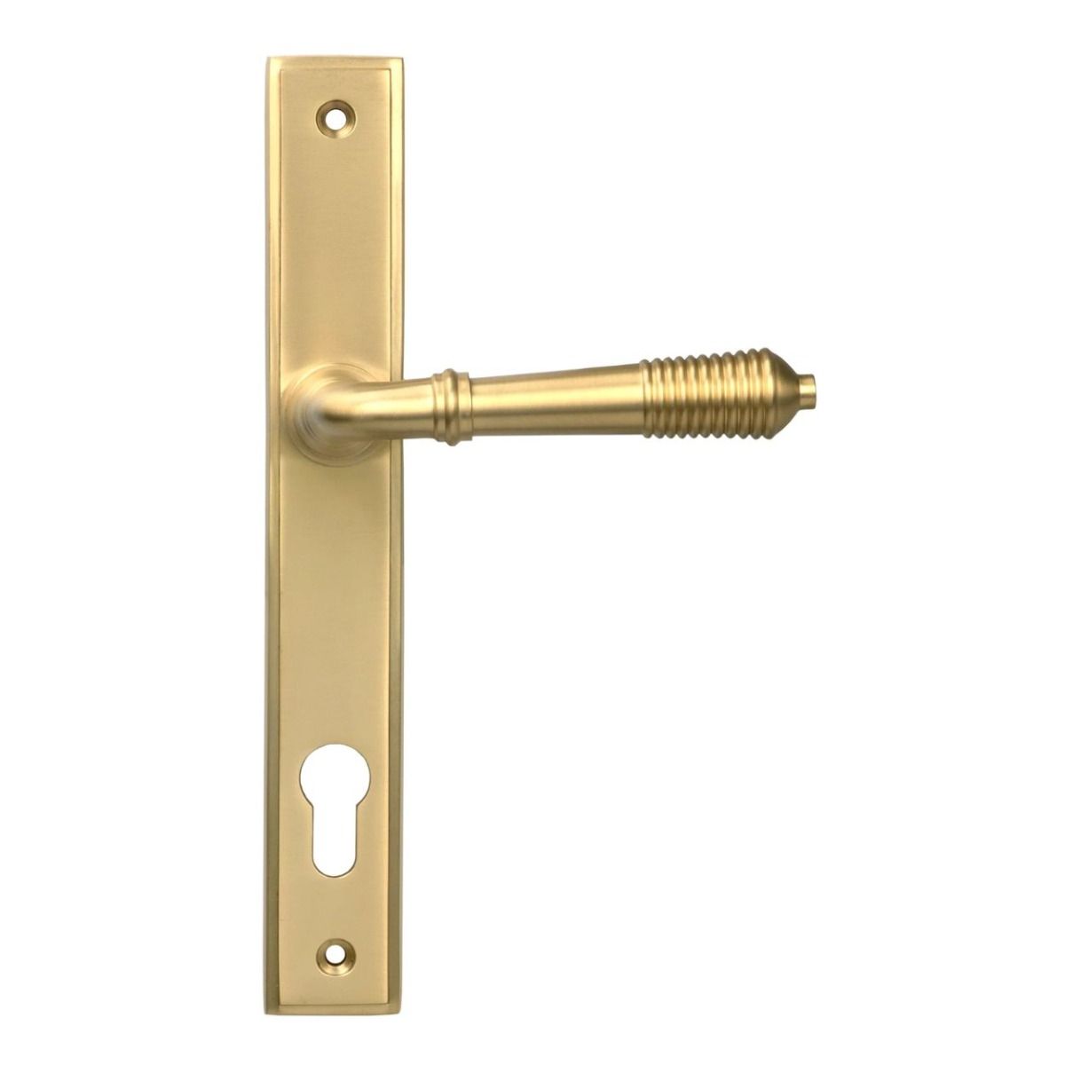 The Ribbed Slimline Exterior Door Handle in a Satin Brass Finish on a White Background Shown from the Front 