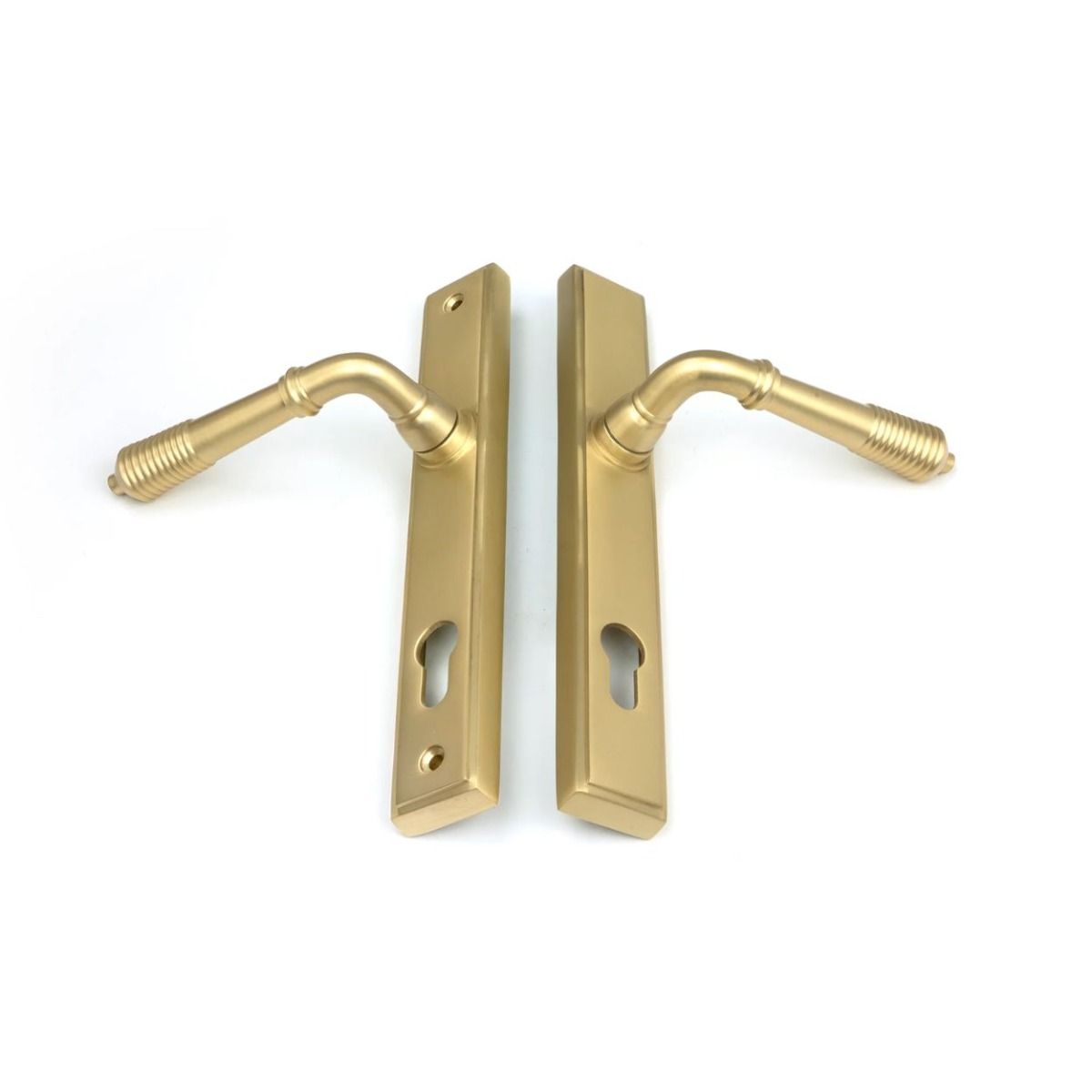 The Ribbed Slimline Exterior Door Handle in a Satin Brass Finish on a White Background Shown with the Front and Back Together