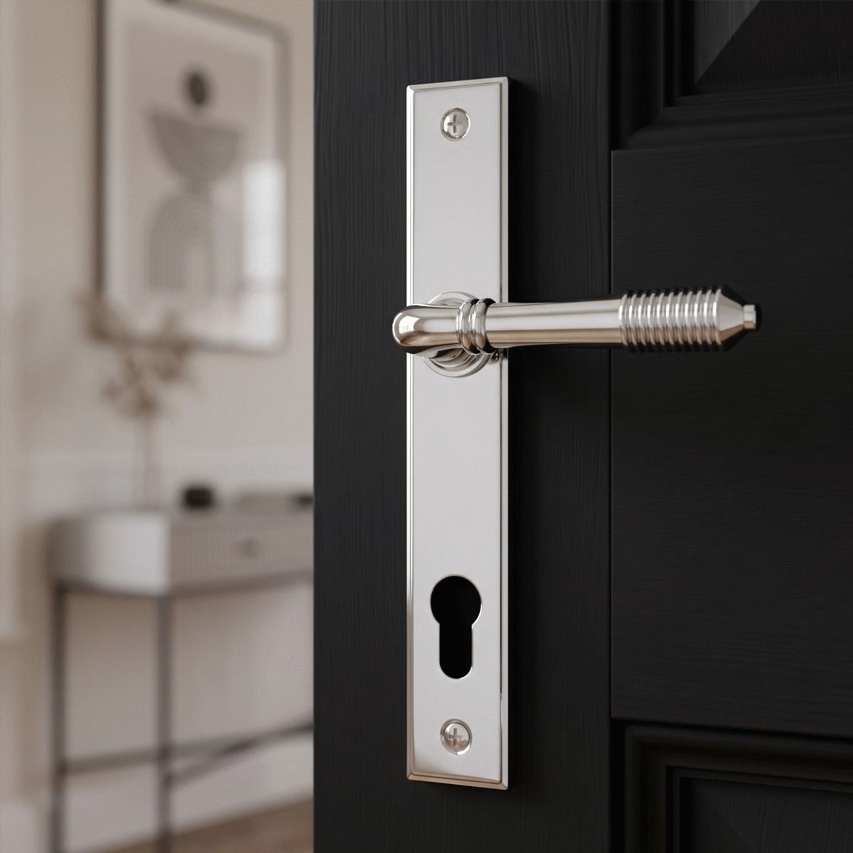 The Ribbed Slimline Exterior Door Handle in Polished Chrome on a Black Door in a Modern Home - Digital Illustration