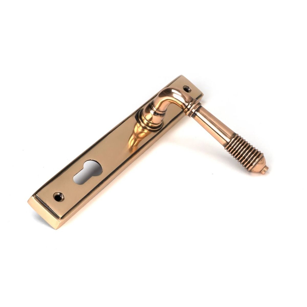 The Ribbed Slimline Exterior Door Handle in a Polished Bronze Finish Shown at an Angle