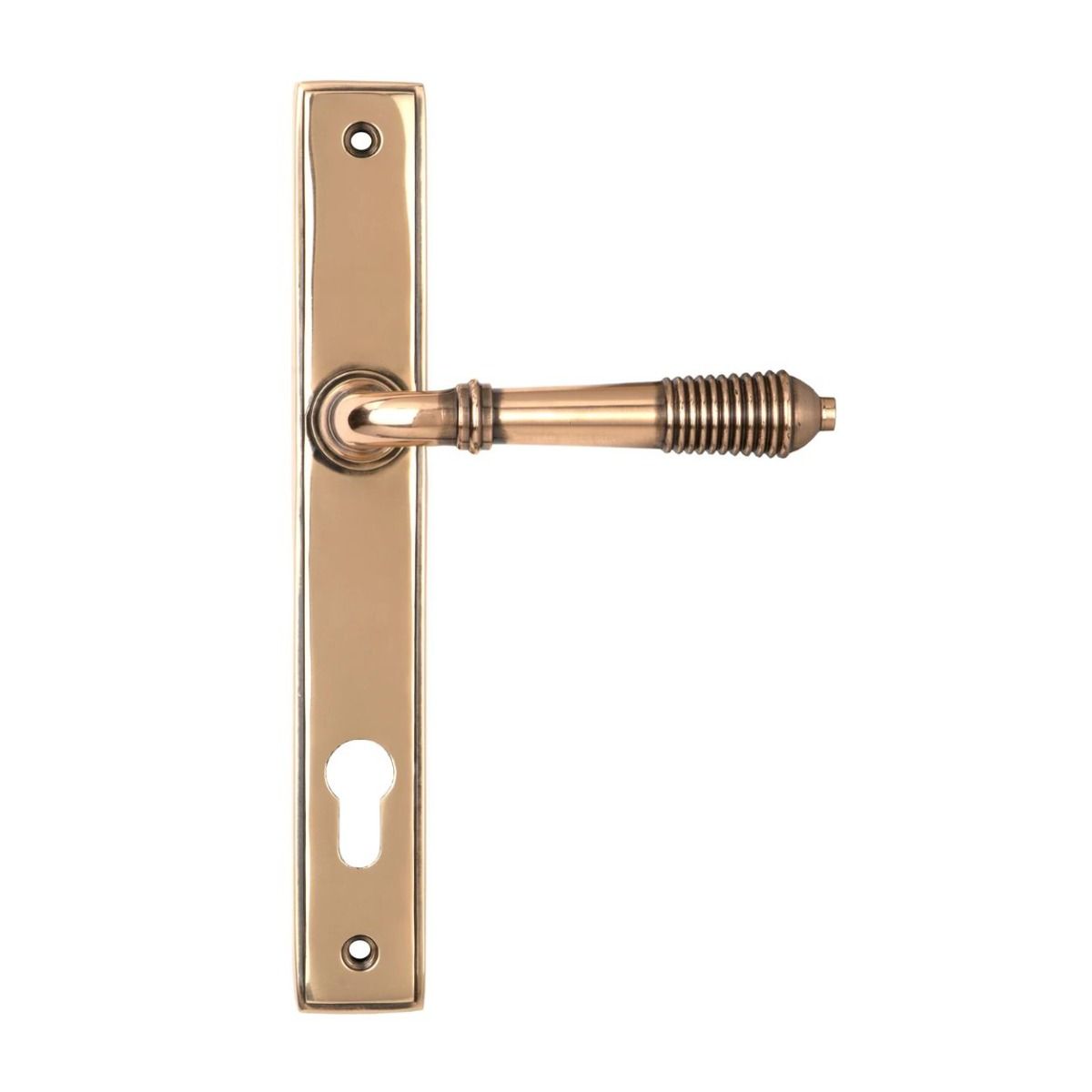 The Ribbed Slimline Exterior Door Handle in a Polished Bronze Finish Shown from the Front