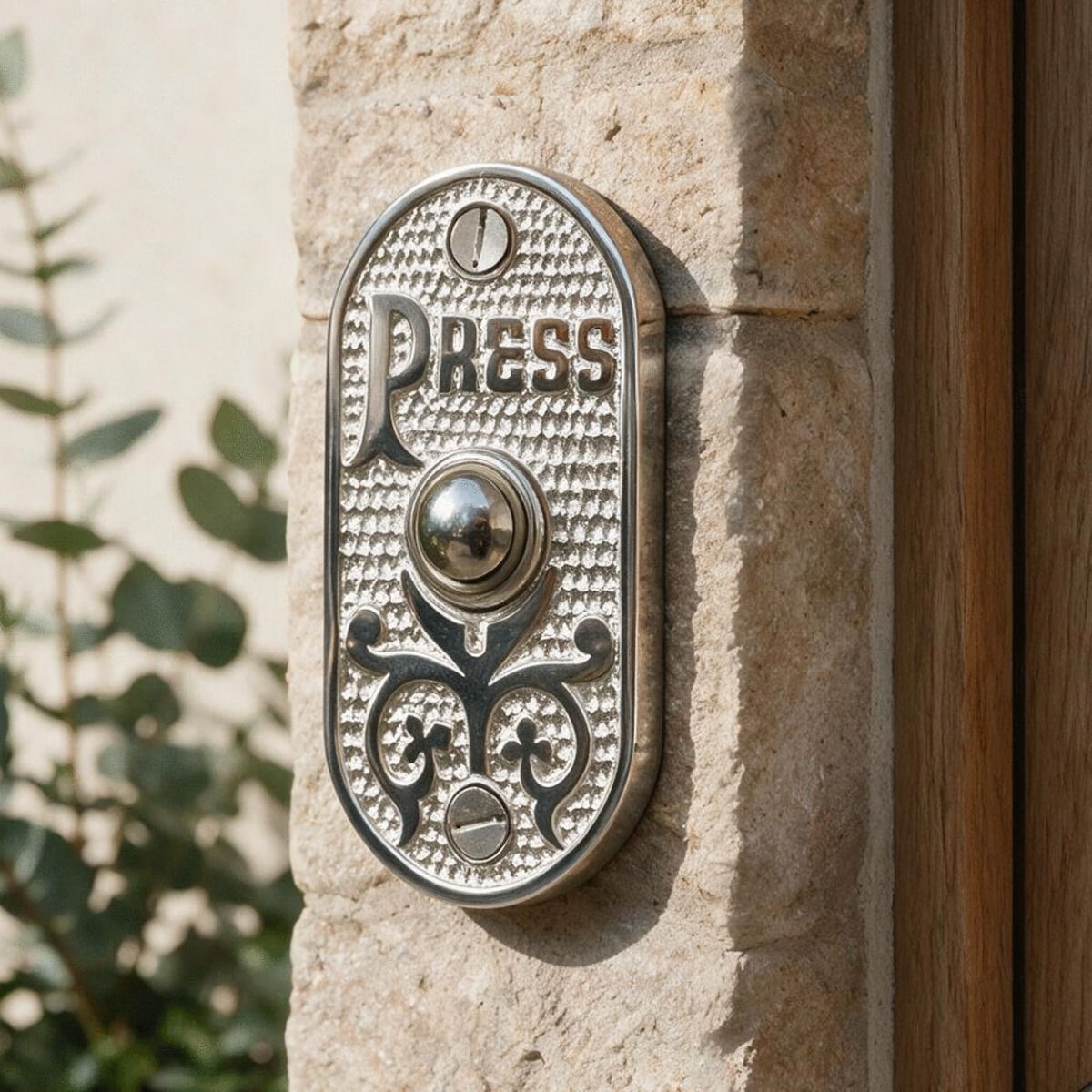 The "Ribbey Hall" Bright Chrome Brass Bell Push Mounted on a Stone Wall next to a Door - Digital Illustration