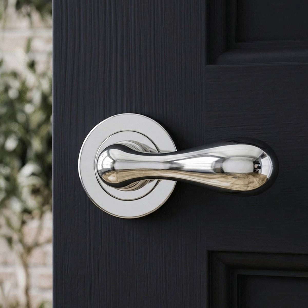 The “Riesling” Contemporary Lever Handle on a Dark Blue Door in a Modern Home - Digital Illustration 