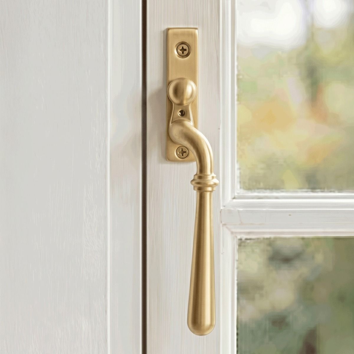 The Right Handed 16mm Modern Satin Brass Espagnolette Window Handle Mounted on a Classic White Coloured Window Frame in a Country Home - Digital Illustration 