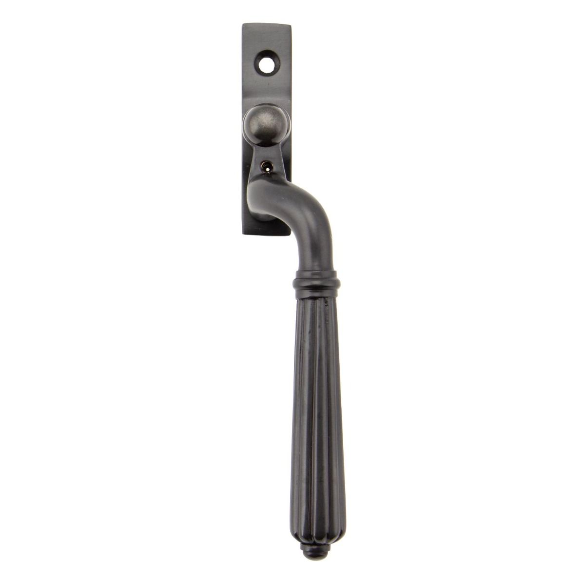 The Right Handed Aged Bronze Reeded Georgian Espagnolette Window Handle on a White Background 