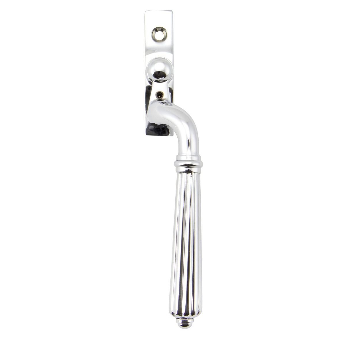 The Right Handed Polished Chrome Reeded Georgian Espagnolette Window Handle on a White Background 