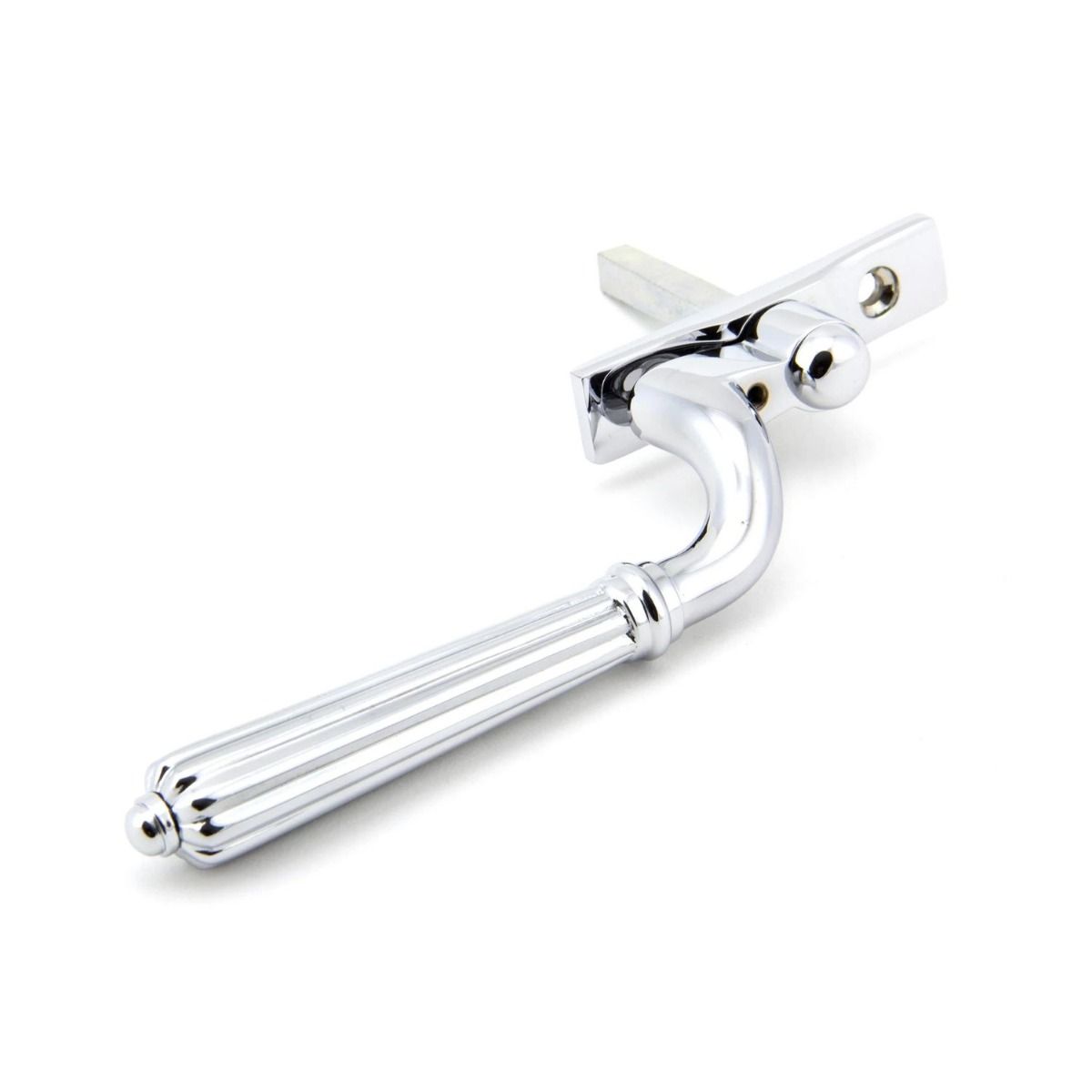 The Right Handed Polished Chrome Reeded Georgian Espagnolette Window Handle on a White Background Shown on its Side 