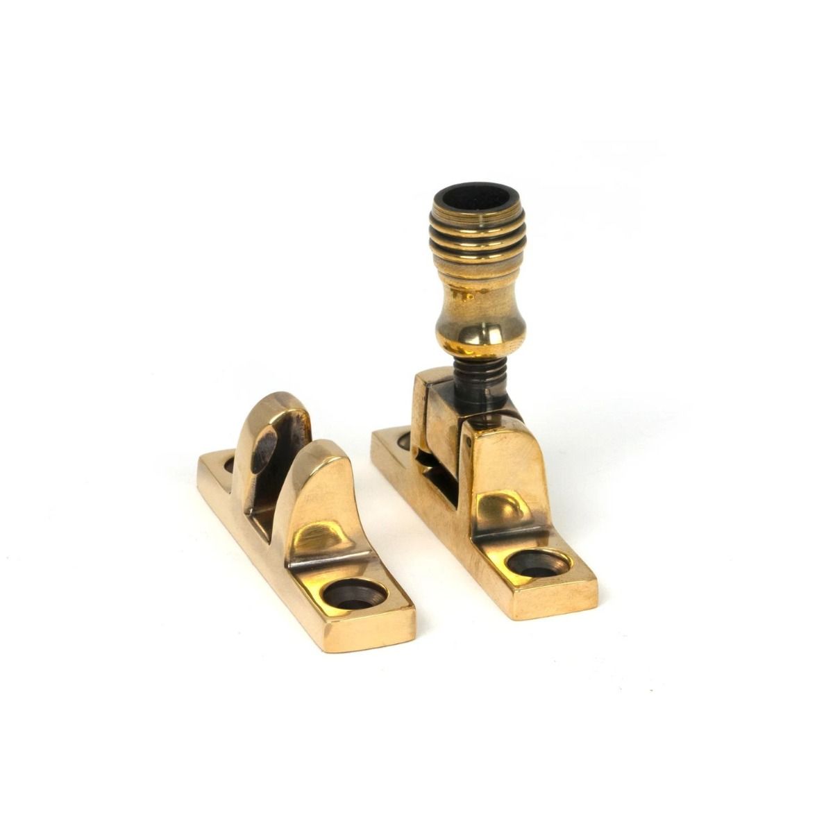 The Rimmed Brighton Sash Square Window Fastener - Aged Brass on a White Background 