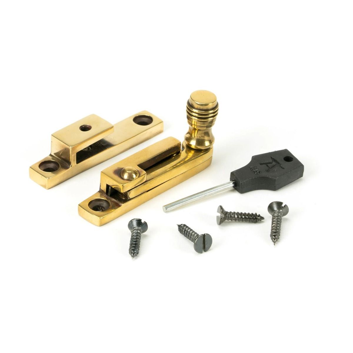 The Rimmed Narrow Quadrant Sash Fastener - Aged Brass with Components