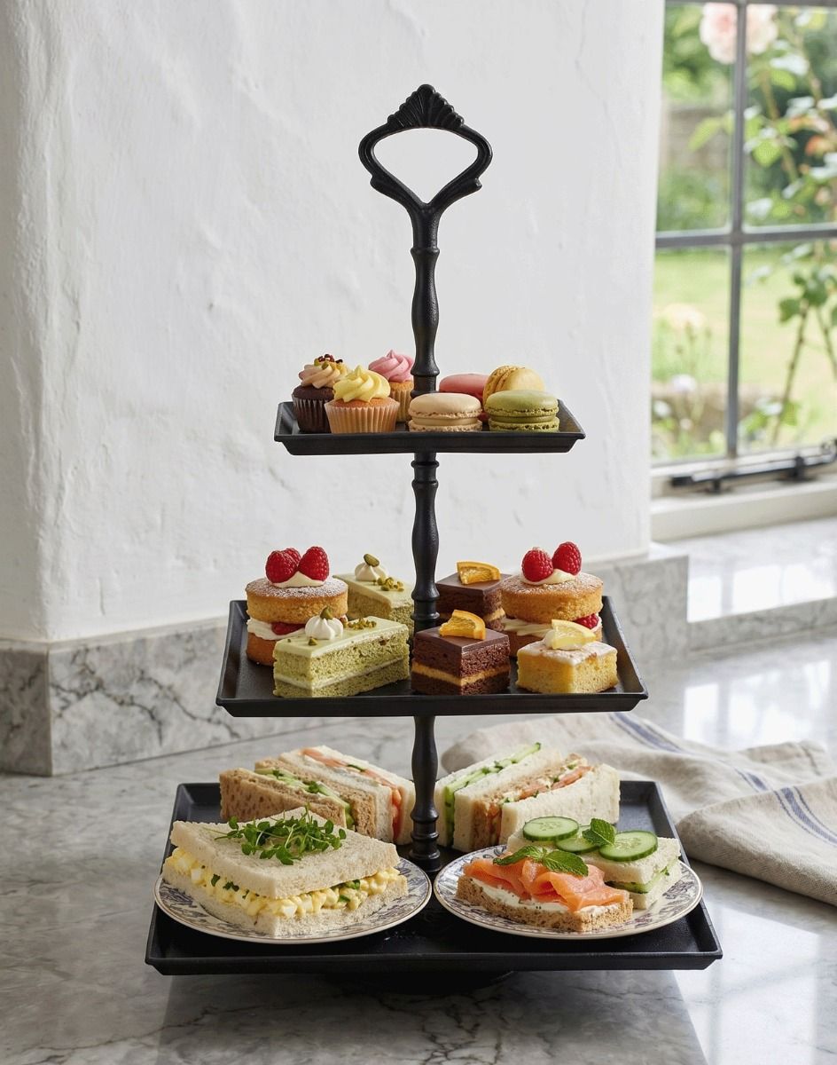 The “Riverhill Park” Black Three Tier Cake Stand In a White Coloured Country Cottage Displaying Cakes and Sandwiches for an Afternoon Tea - Digital Illustration