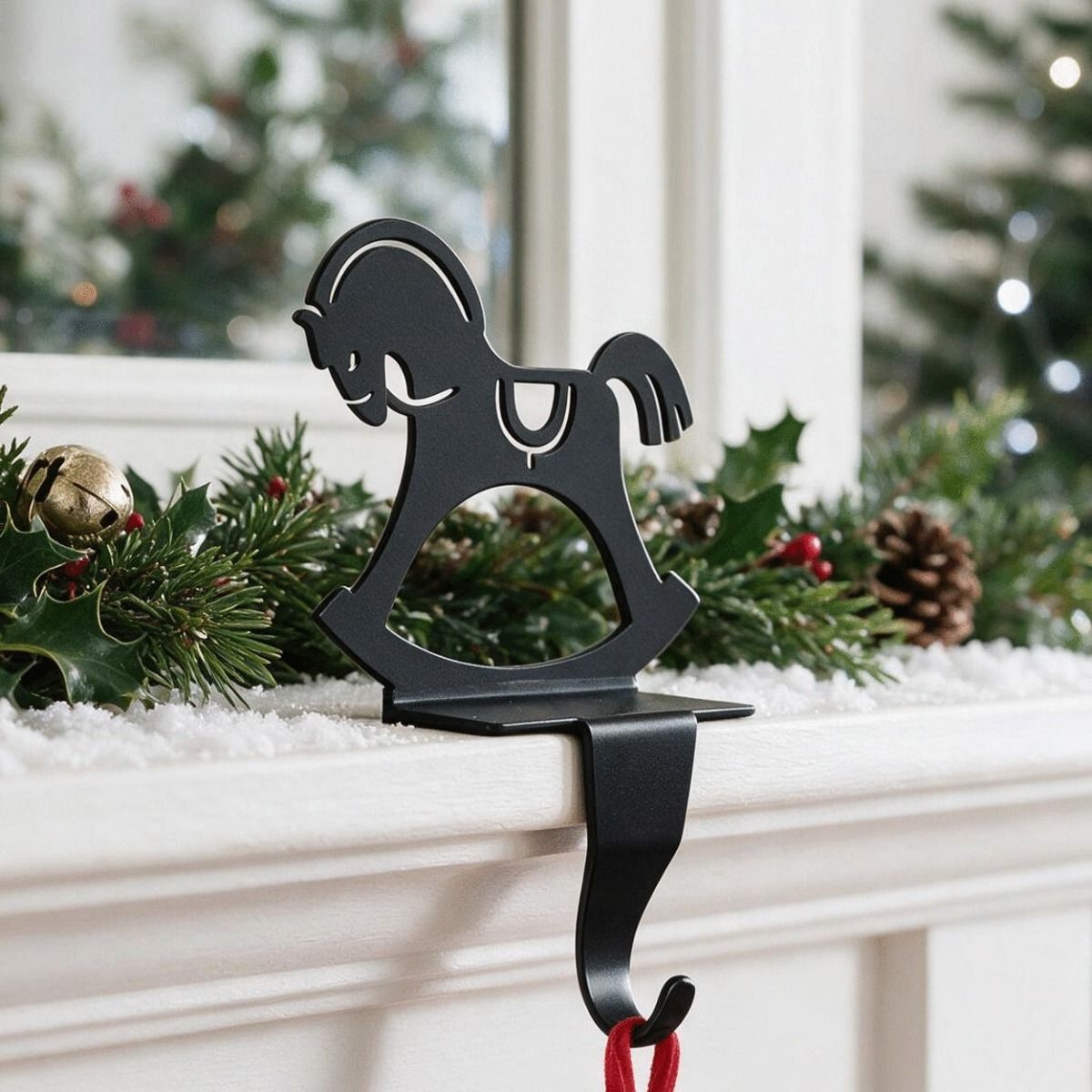 The Rocking Horse Stocking Holder on a White Mantelpiece with Holly Behind - Digital Illustration