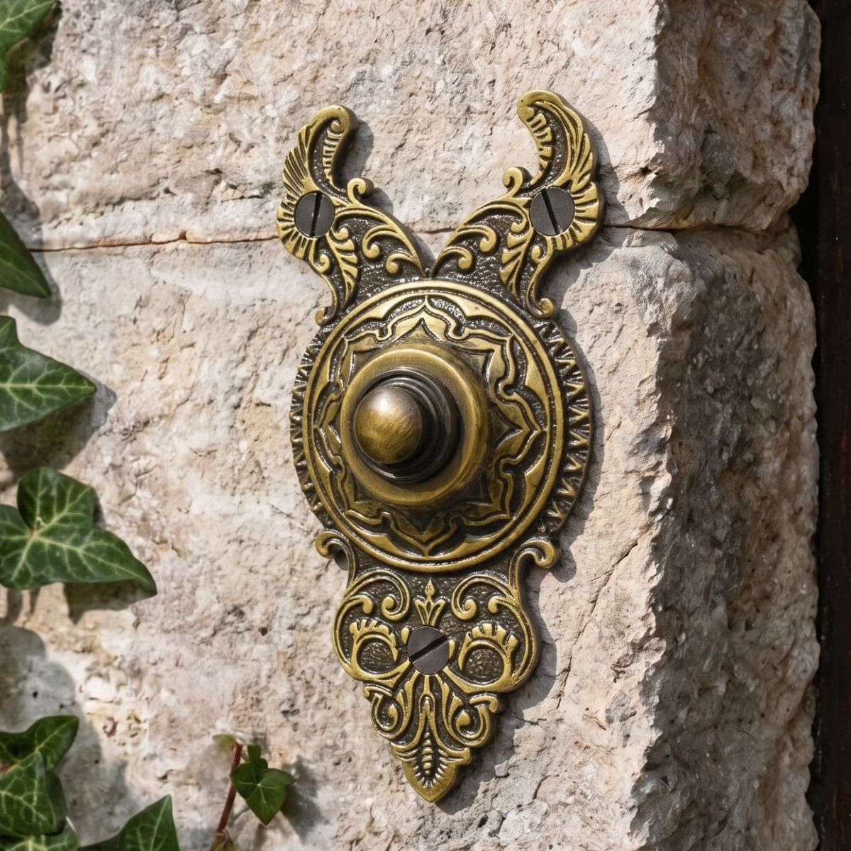 The "Rosemont Hall" Exquisitely Ornate Antique Brass Bell Push on an Ivy Covered Wall on the Front of a Home - Digital Illustration