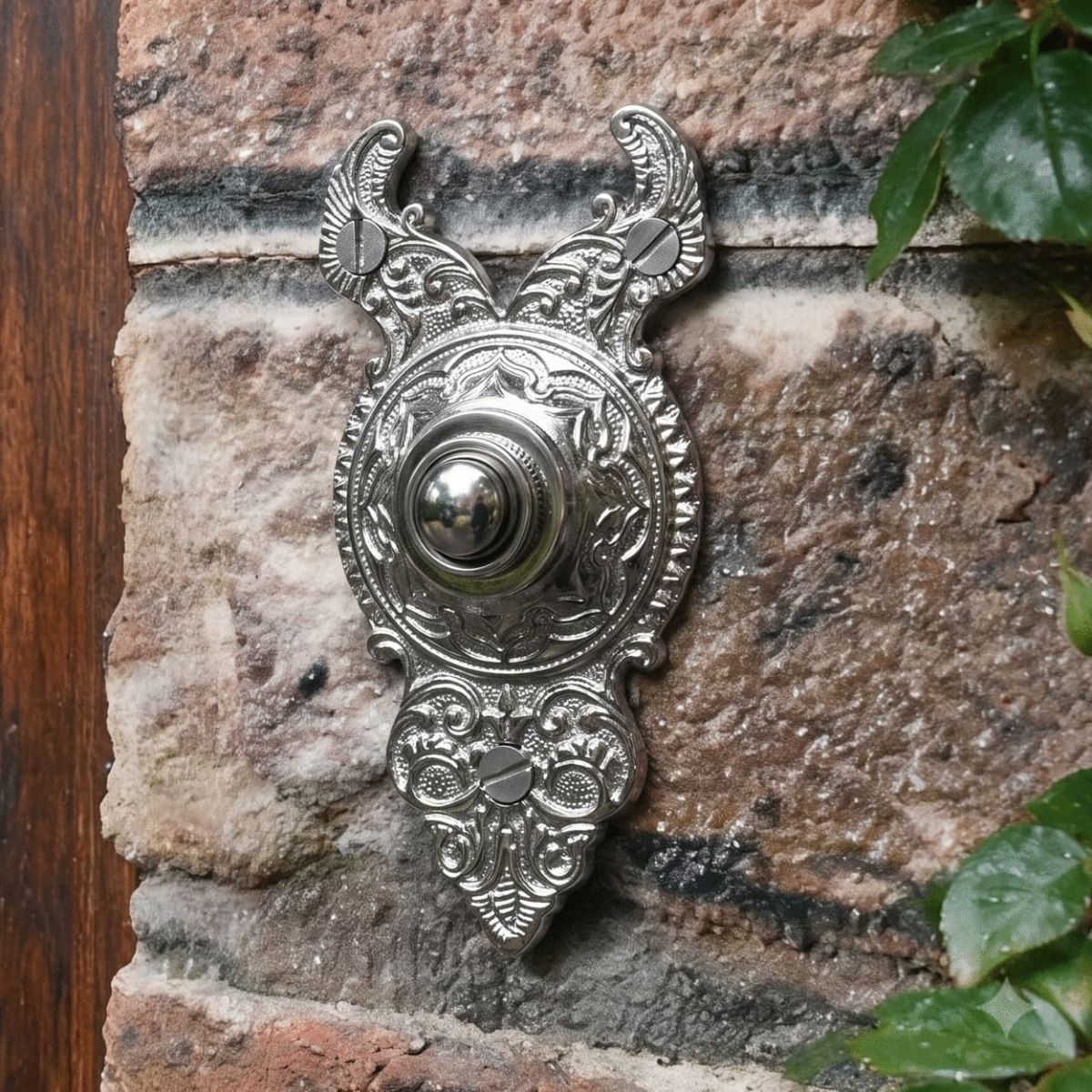 The "Rosemont Hall" Exquisitely Ornate Bright Chrome Bell Push next to an Ivy Covered Wall by the Front Door of a House - Digital Illustration