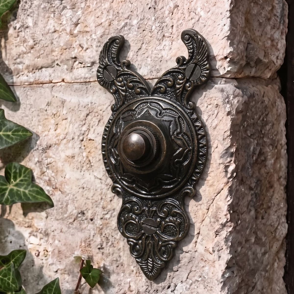 The "Rosemont Hall" Exquisitely Ornate Burnished Copper Bell Push on a Stone Wall by a Front Entrance - Digital Illustration 