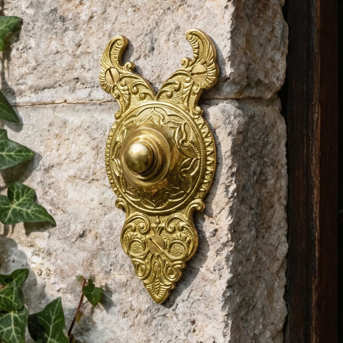 The "Rosemont Hall" Exquisitely Ornate Polished Brass Bell Push on an Ivy Covered Home next to a Front door of a Country Home - Digital Illustration