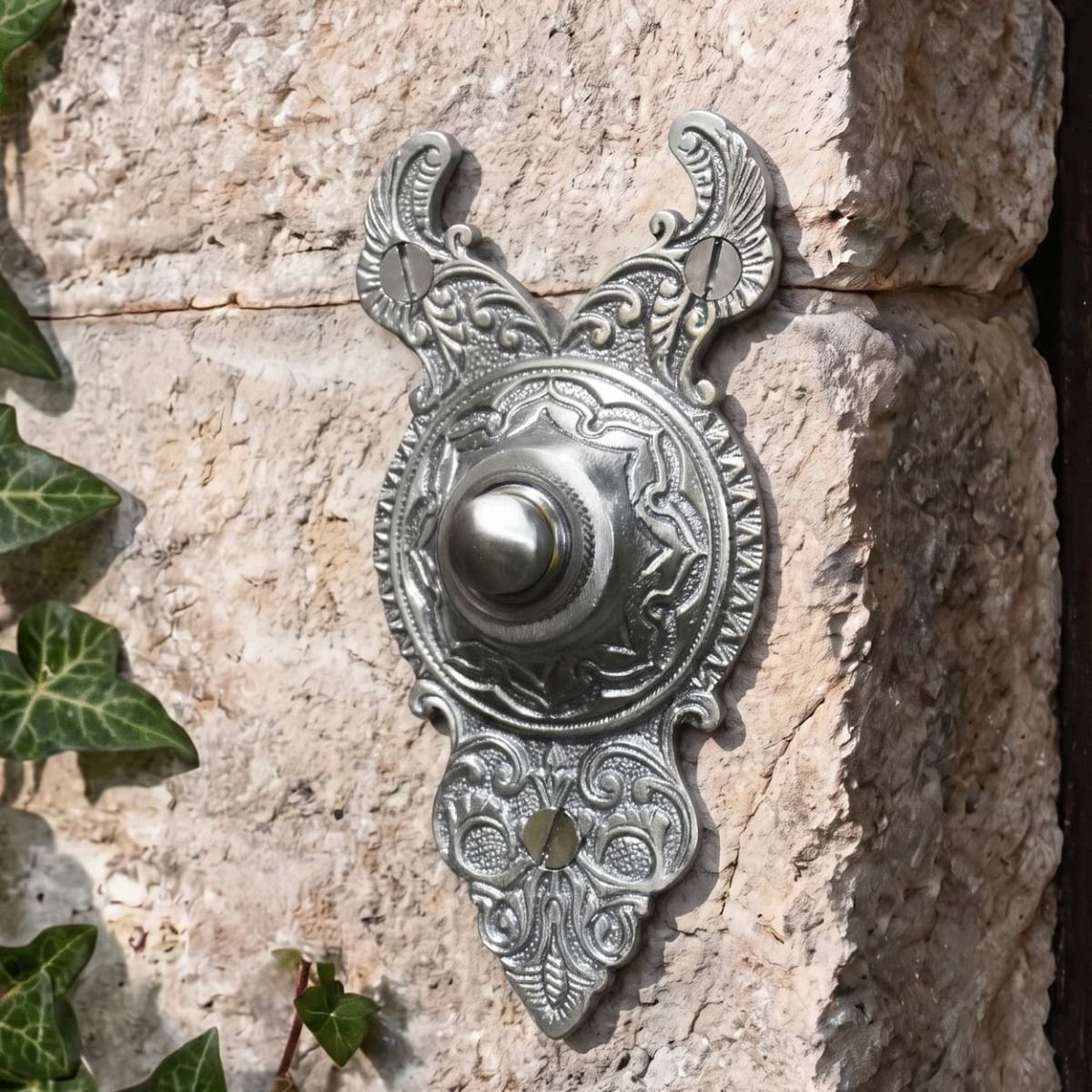 The "Rosemont Hall" Exquisitely Ornate Satin Chrome Bell Push on an Ivy Covered wall on the Front of a House - Digital Illustration