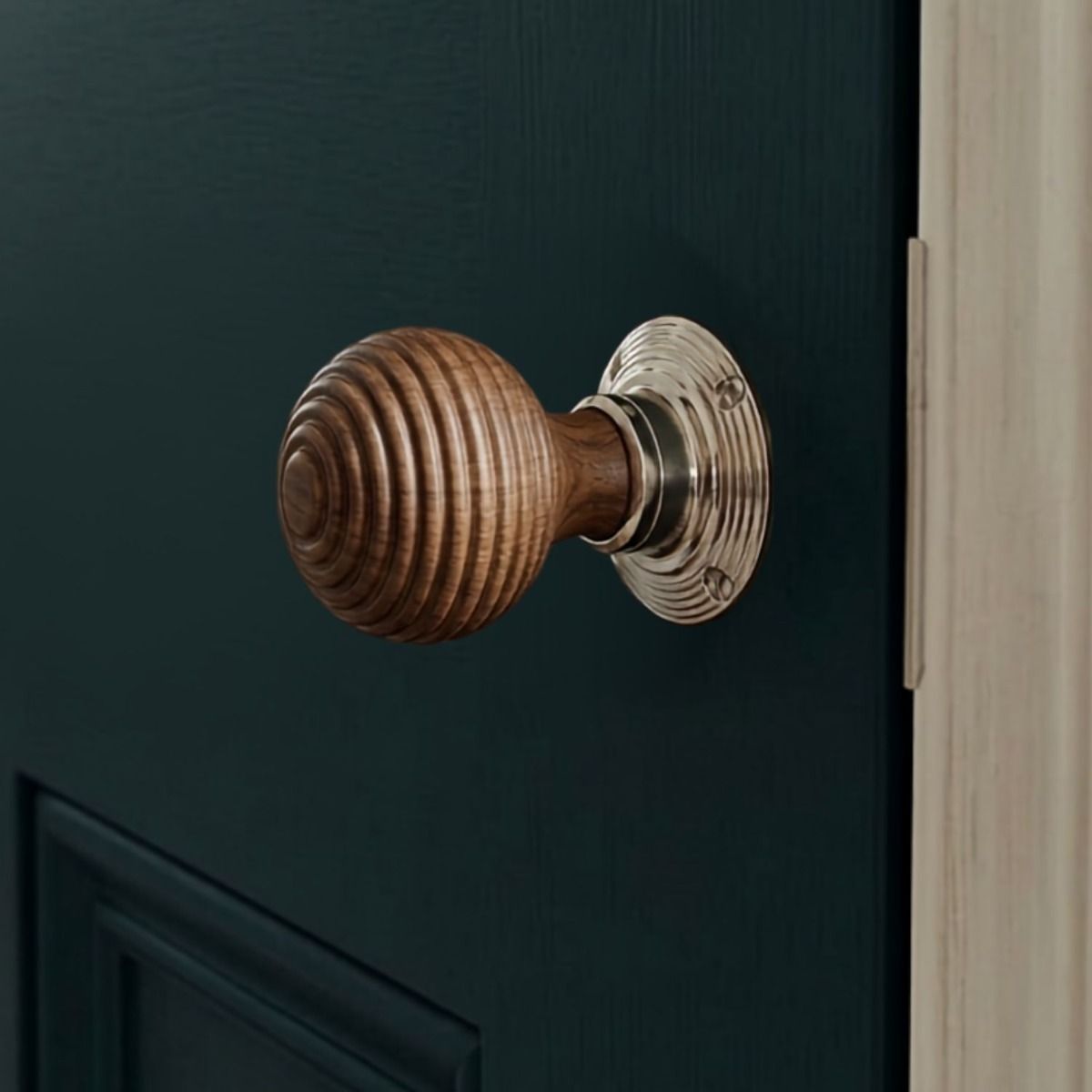 The Rosewood & Polished Nickel Door Knob Set on a Blue Wooden Door in a Contemporary Home - Digital Illustration 