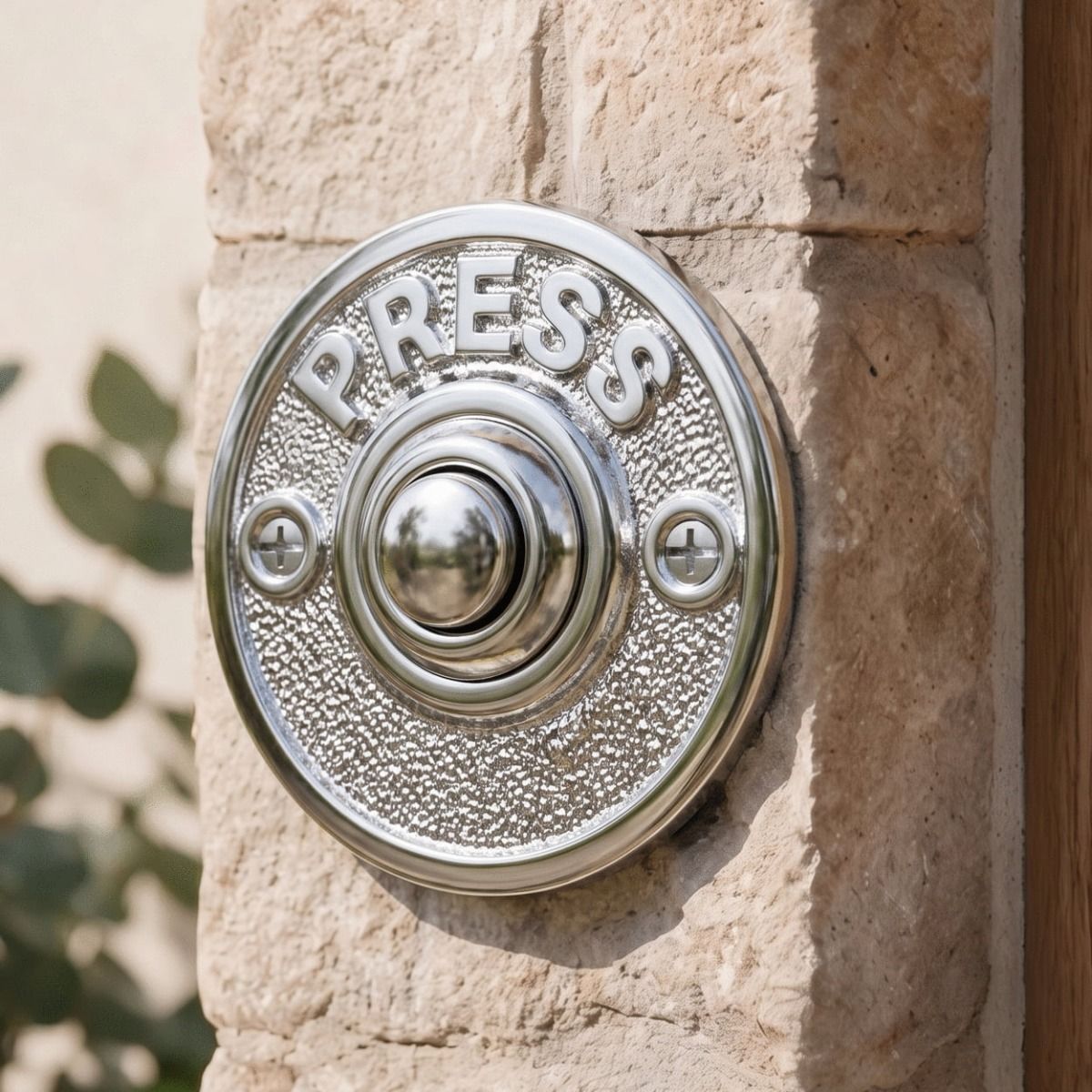 The Round "Push" Bright Chrome Door Bell Push on a Stone Wall Next to a Hime Front Door - Digital Illustration