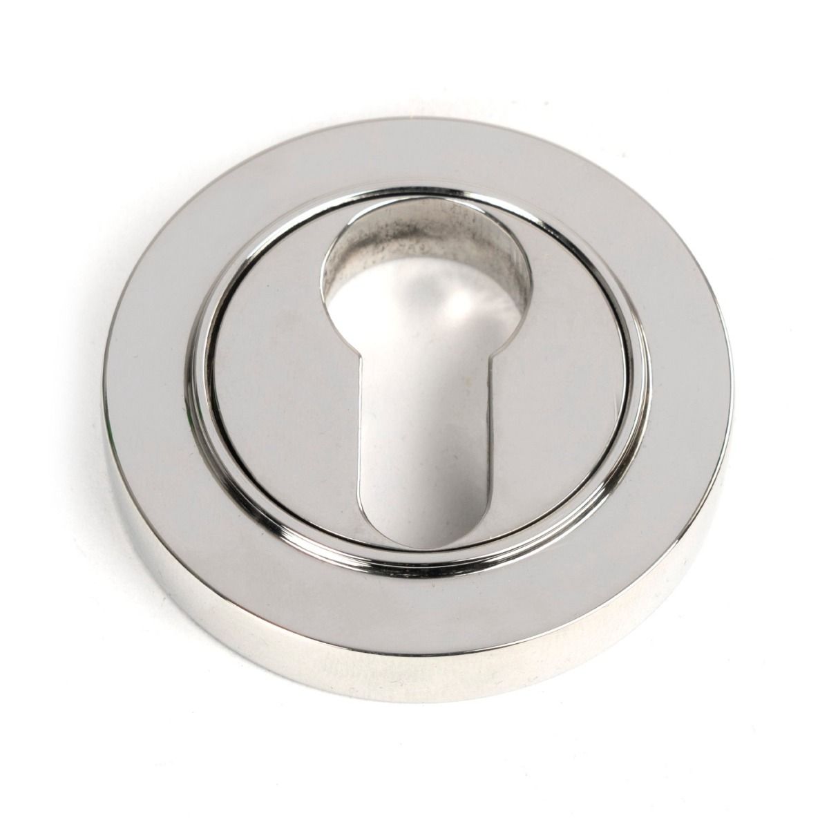 The Round Concealed Euro Keyhole Escutcheon in Polished Stainless Steel Shown on a White Background